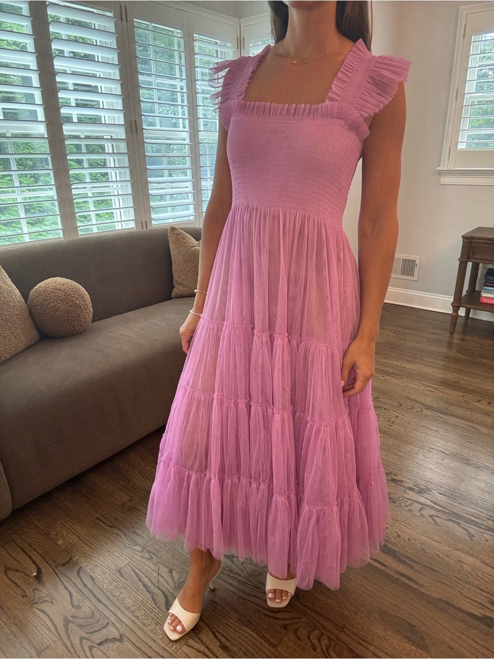 Hill House Pink Smocked Square-Neck Tulle Maxi Dress